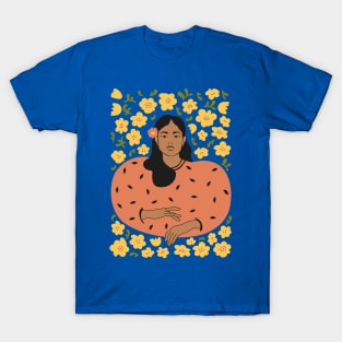 Woman in orange and yellow flowers T-Shirt